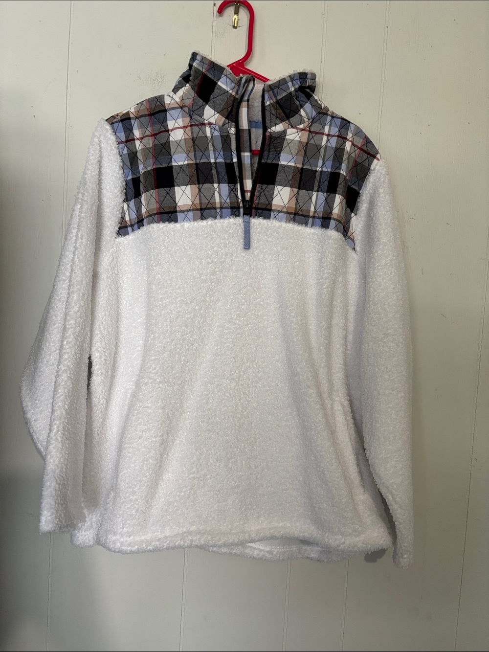 Vera Bradley White Sherpa Zip-Up with Plaid Yoke
